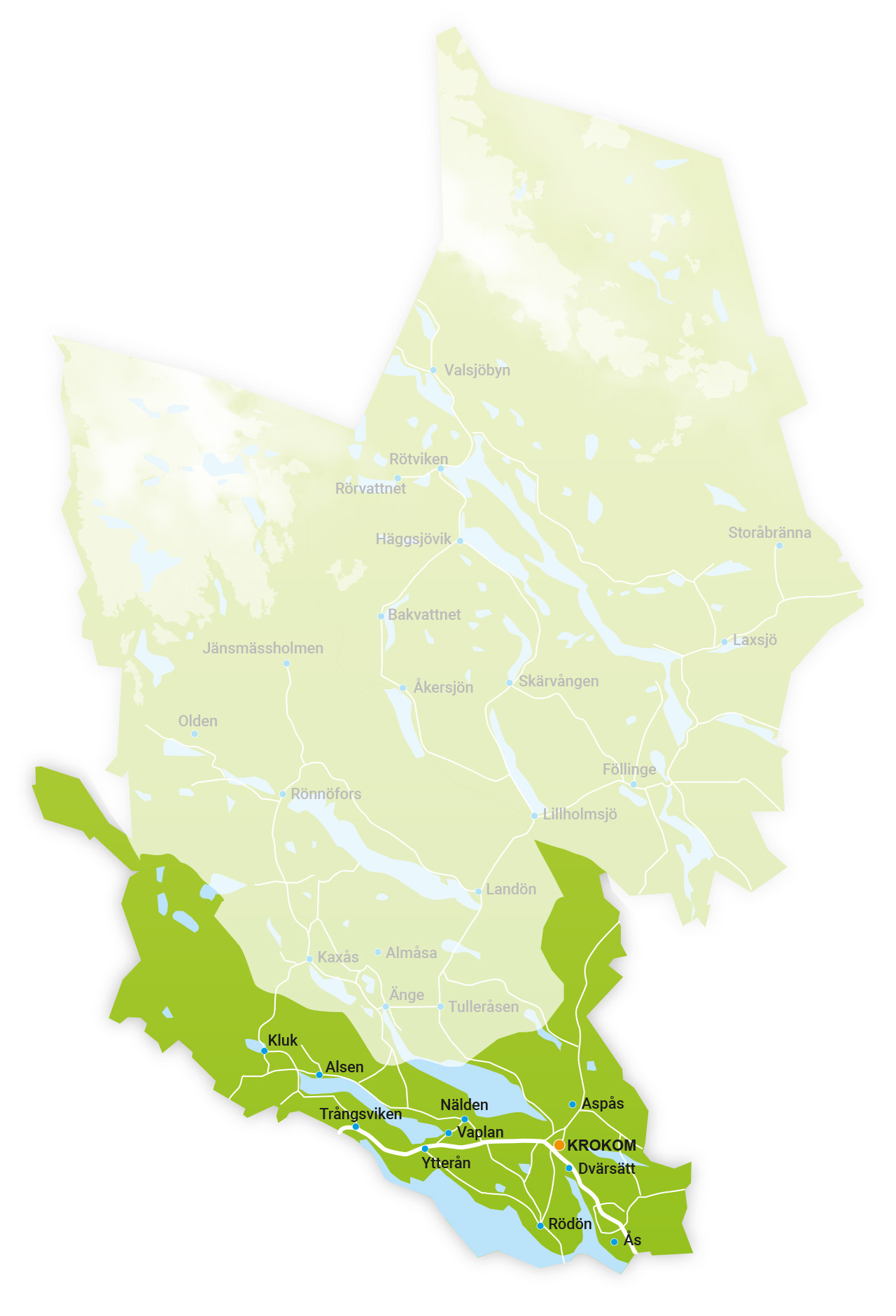 Karta över sydvästra delen av Krokoms kommun