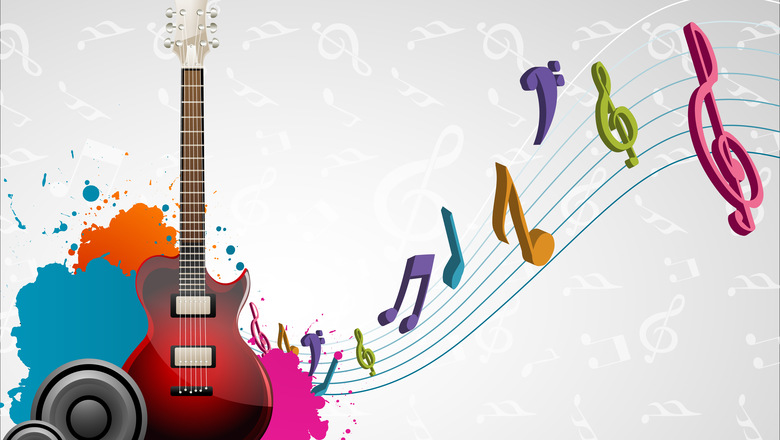 illustration of guitar with musical notes on abstract musical background