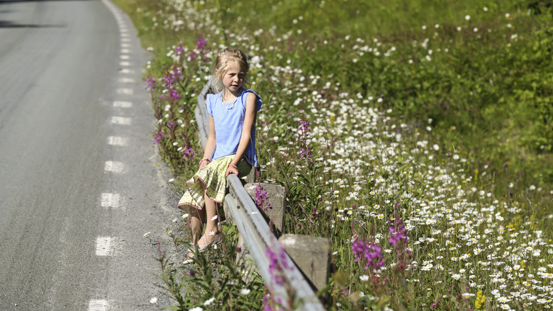 Ett barn som sitter vid vägkanten med ett blommande vägdike bredvid.
