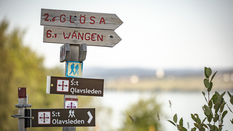 Pinne med skyltmarkeringar med riktning så som Glösa, Wången, S:t Olavsleden med vandringssymbol