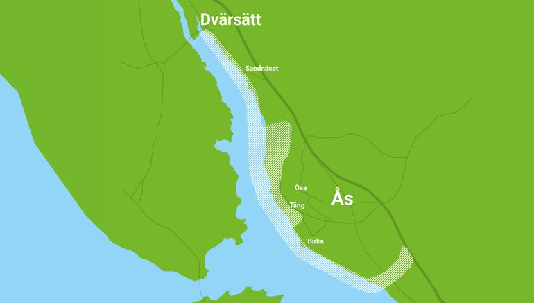 Illustration av en karta som visar en tänkt utbyggnad av vatten- och avlopp mellan Dvärsätt och Ås.