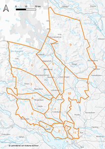 Karta över Krokoms kommun med slamtömningsområden markerade med siffror